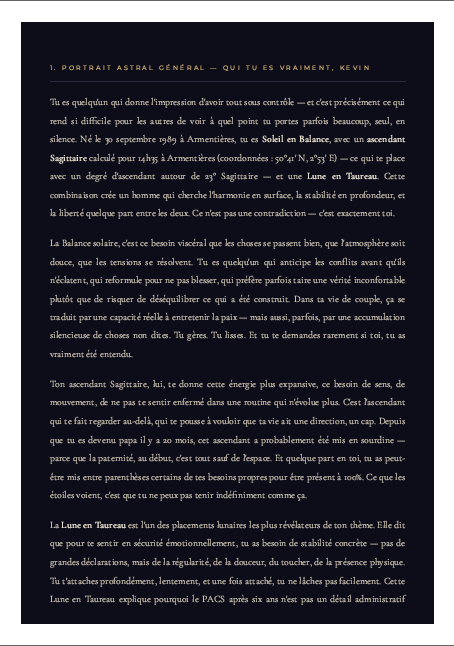 Page de contenu du rapport astral